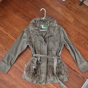 Anthropologie Olive Jacket with Faux Fur